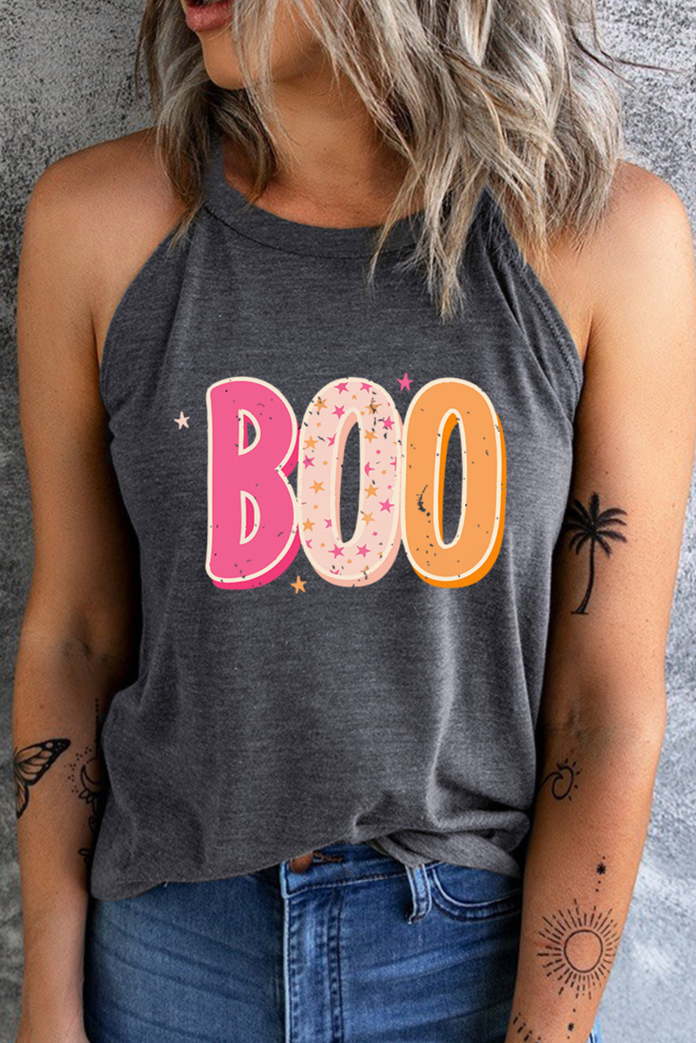 swvws Round Neck Sleeveless BOO Graphic Tank Top