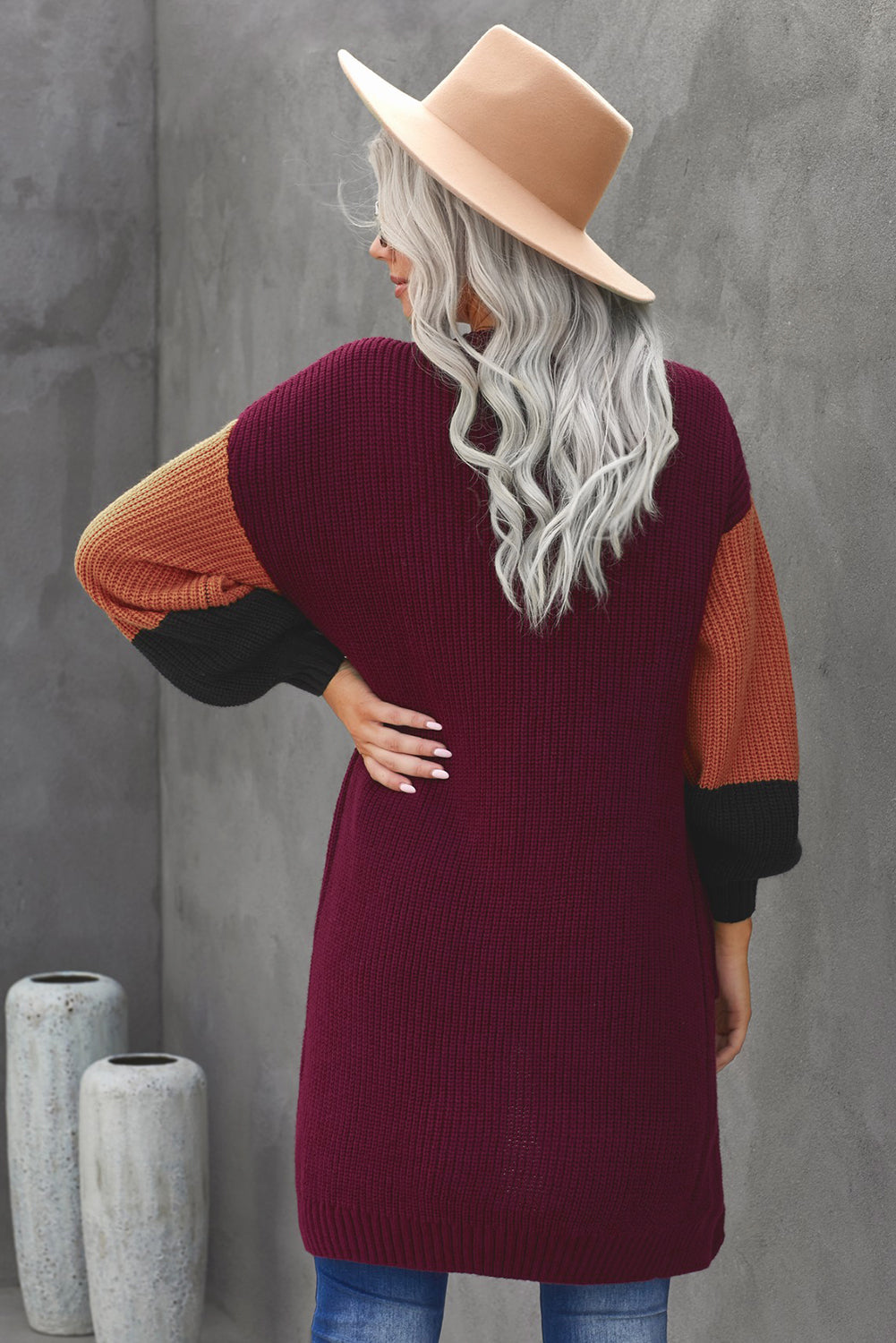 swvws Color Block Rib-Knit Longline Cardigan with Front Pockets