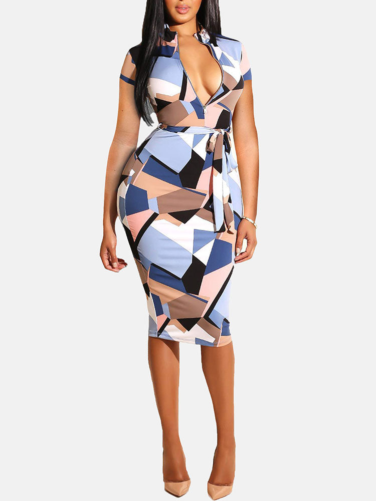 Sixsr Zipper Front Print Midi Dress