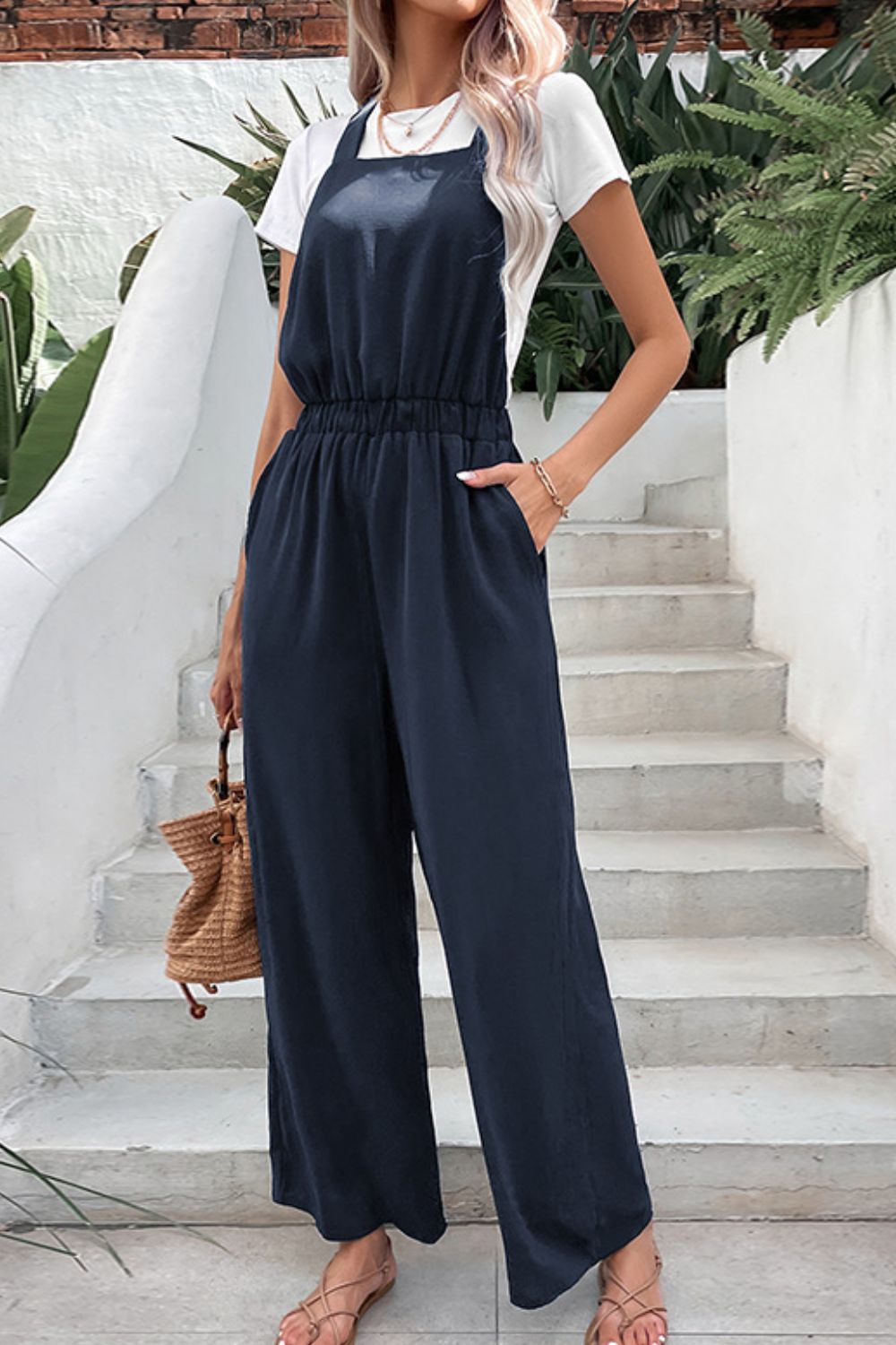 swvws Elastic Waist Overalls with Pockets