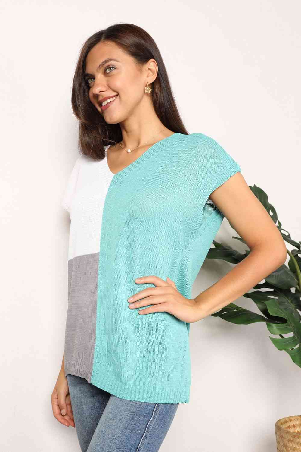 swvws Double Take Color Block V-Neck Knit Top