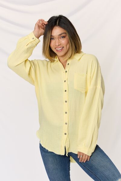 swvws Zenana Texture Button Up Raw Hem Long Sleeve Shirt