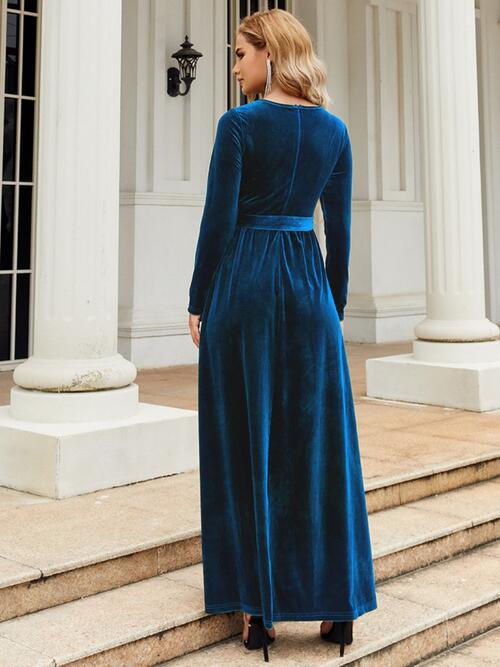 swvws Tie Front Round Neck Long Sleeve Maxi Dress