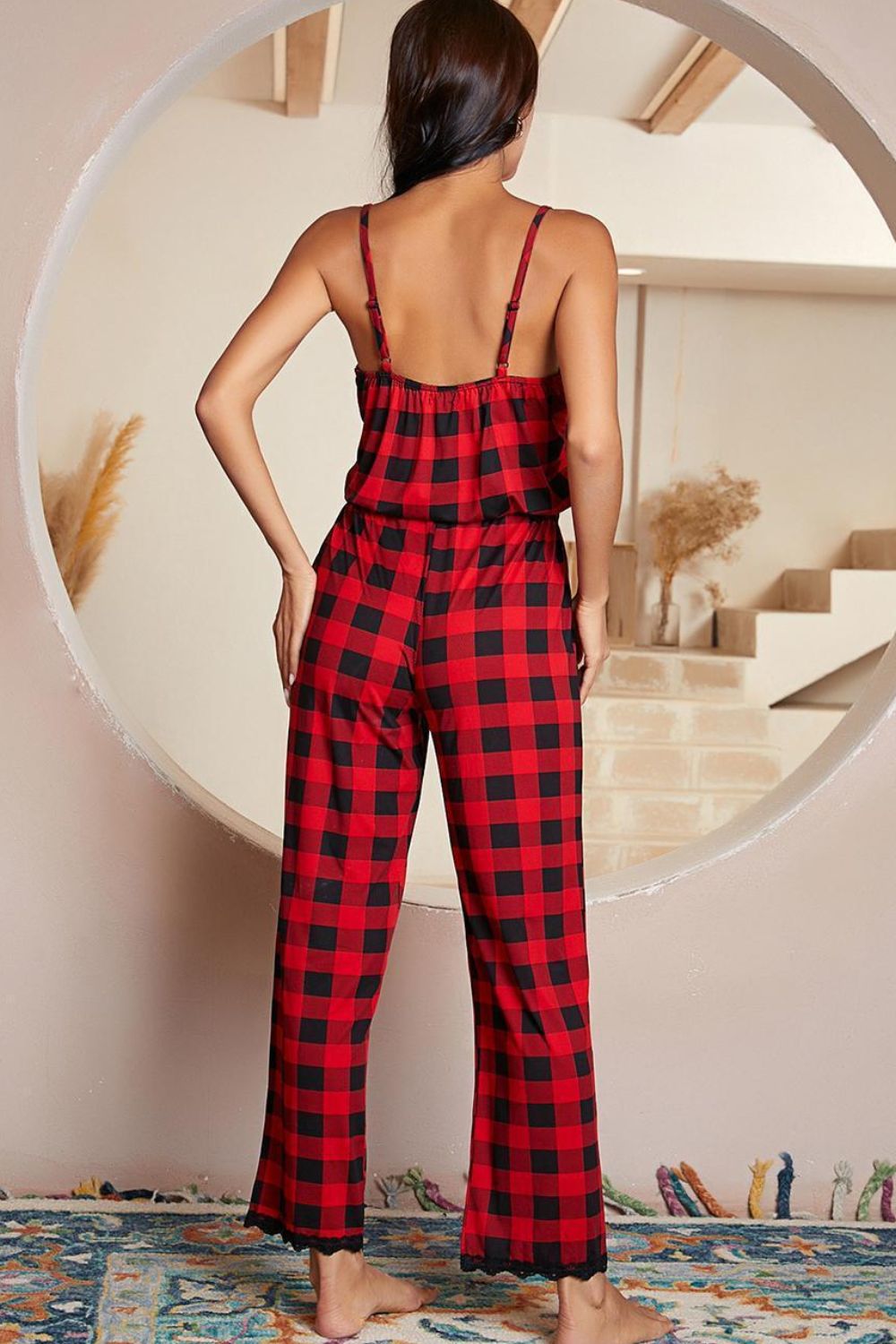 swvws Plaid Lace Trim Spaghetti Strap Jumpsuit