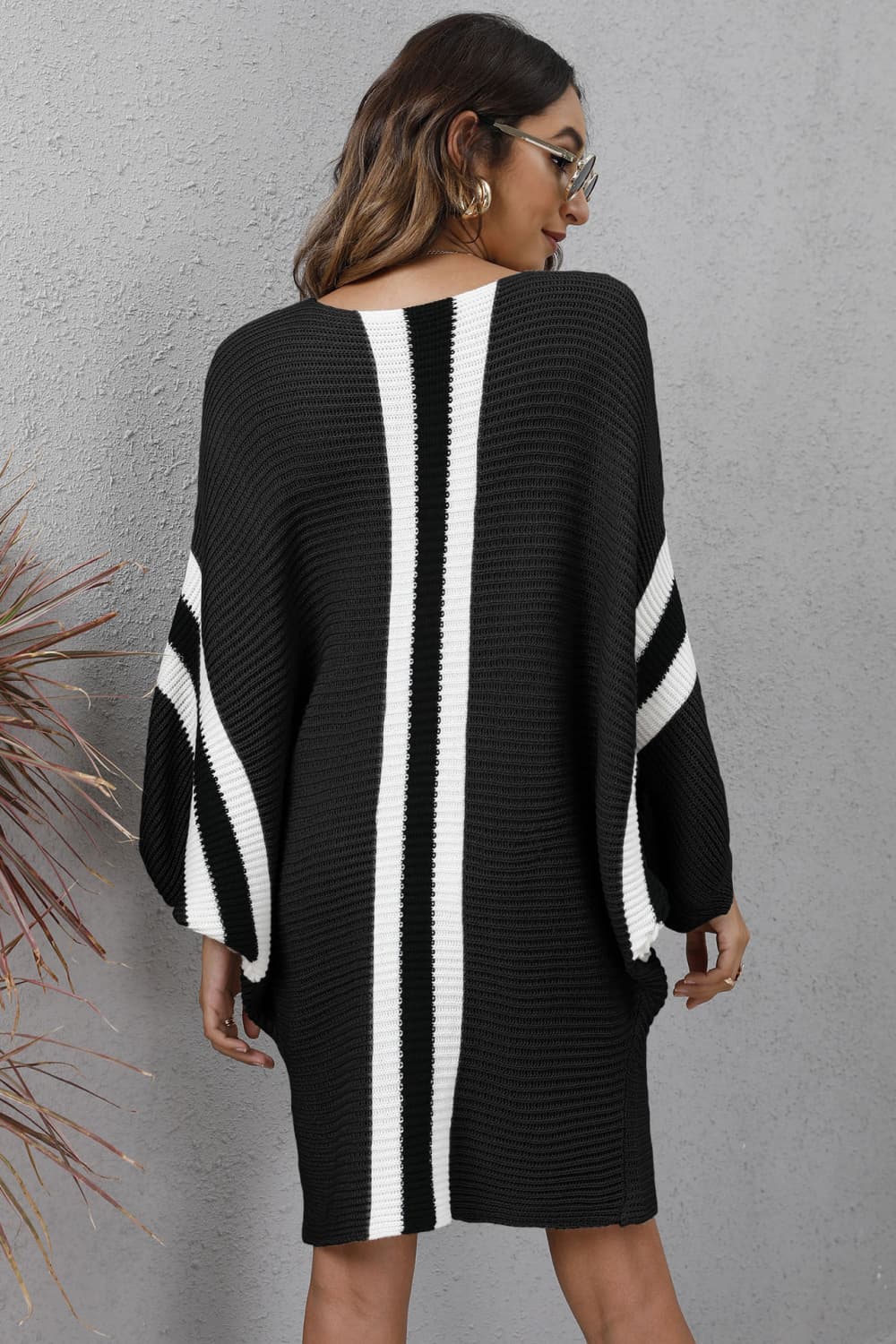 swvws Ribbed Round Neck Long Sleeve Sweater Dress