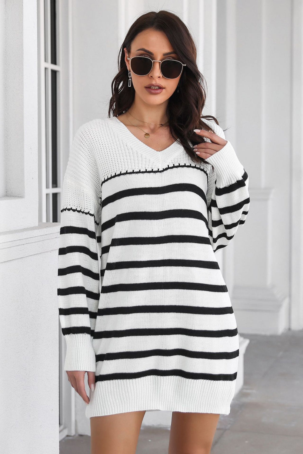 swvws Striped V-Neck Drop Shulder Sweater Dress