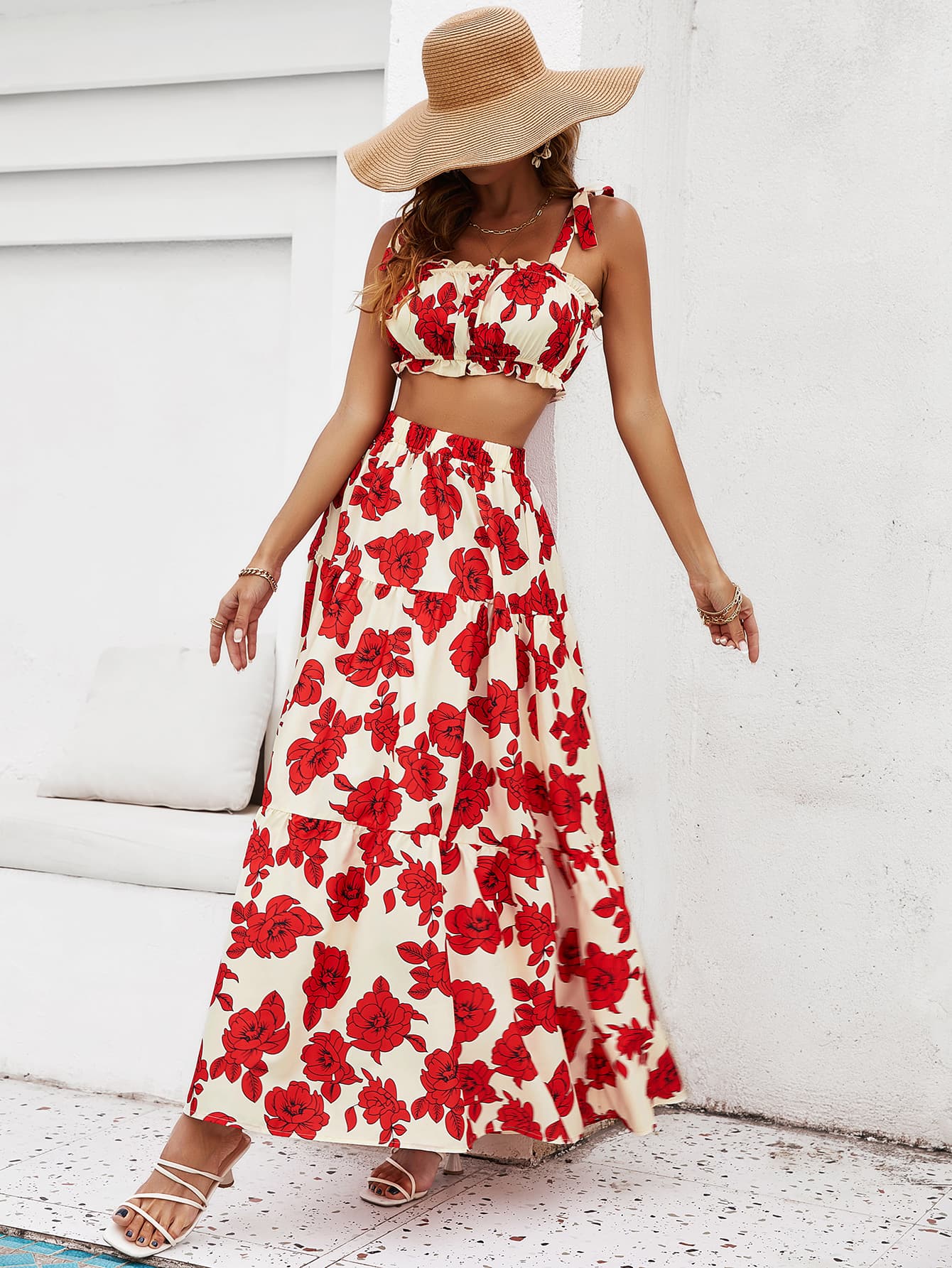 swvws Floral Tie Shoulder Top and Tiered Maxi Skirt Set