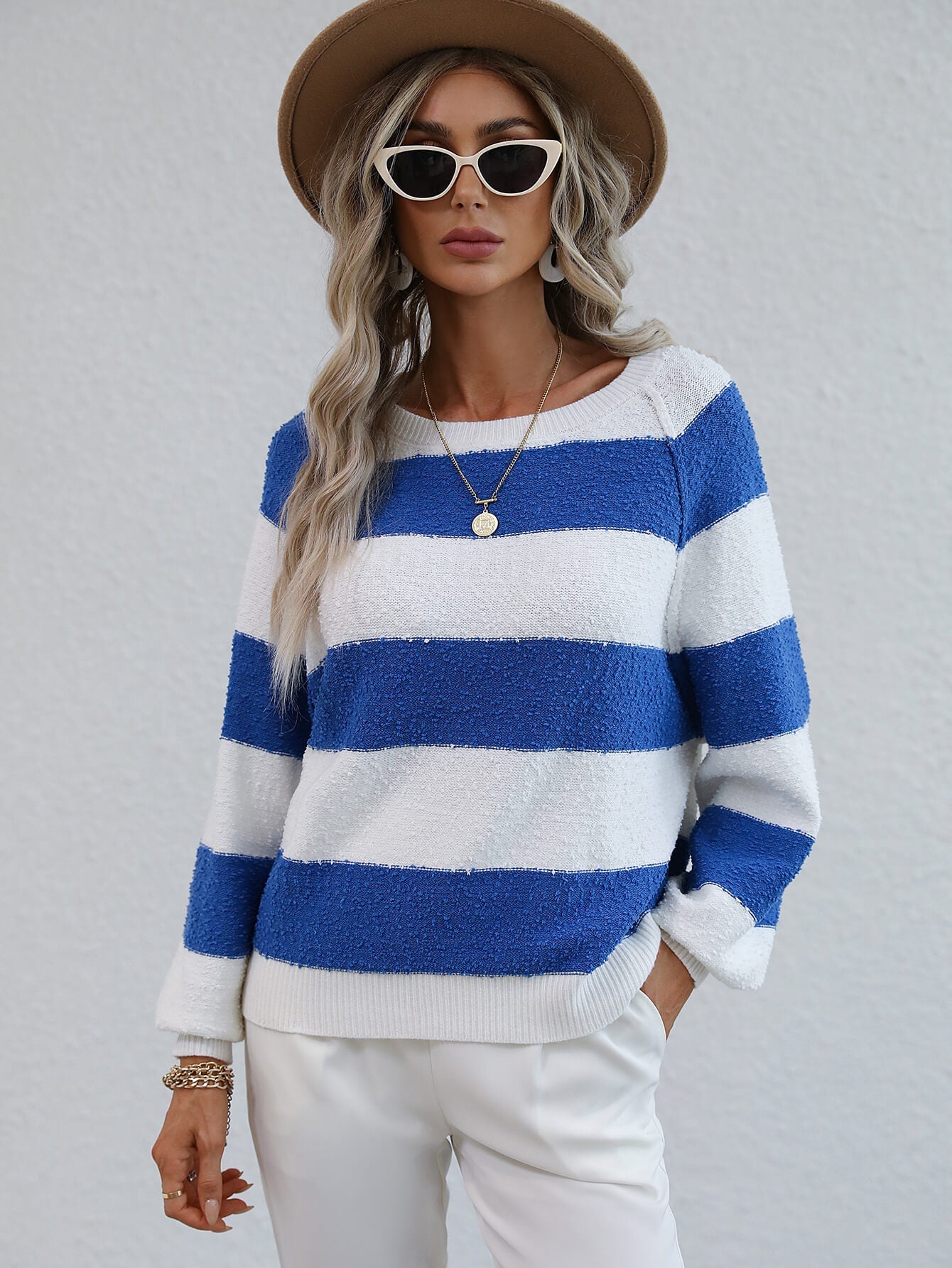 swvws Striped Raglan Sleeve Ribbed Trim Knit Top