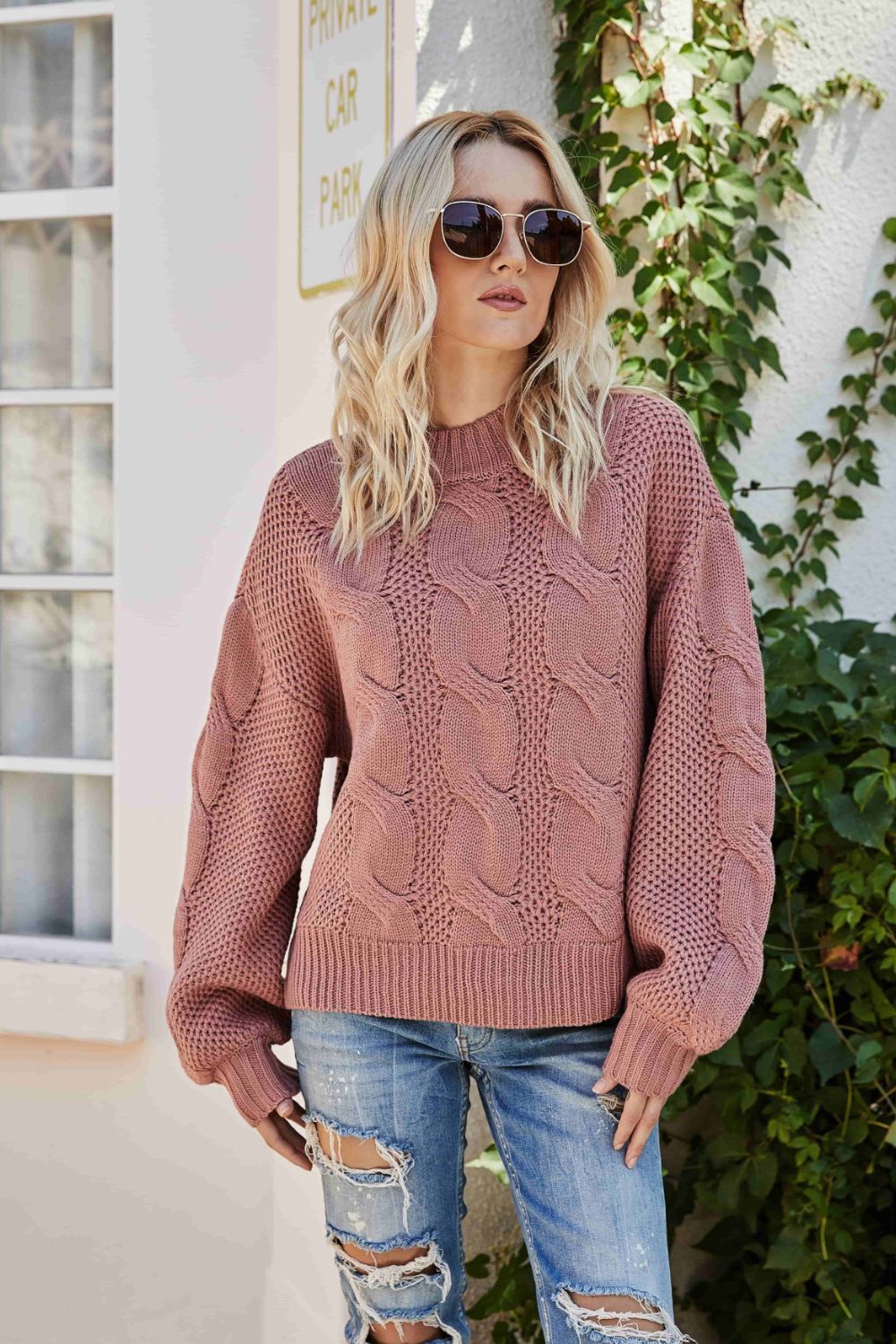 swvws Mixed Knit Crewneck Drop Shoulder Sweater