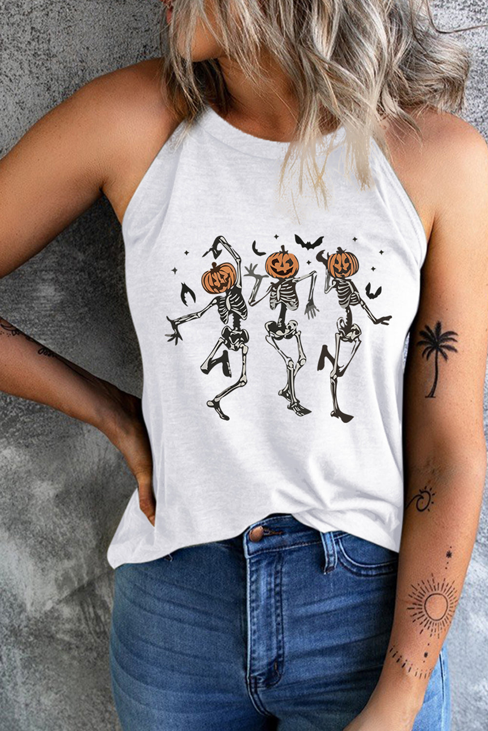 swvws Round Neck Dancing Pumpkin Head Skeleton Graphic Tank