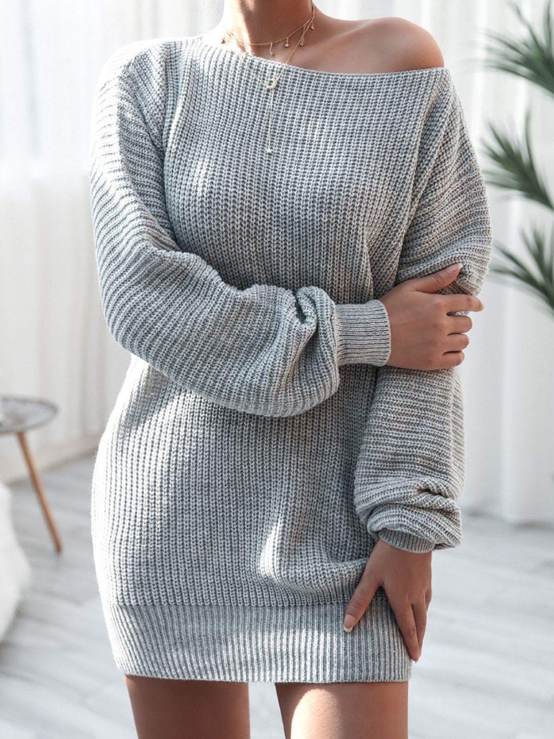 swvws Rib-Knit Balloon Sleeve Boat Neck Sweater Dress