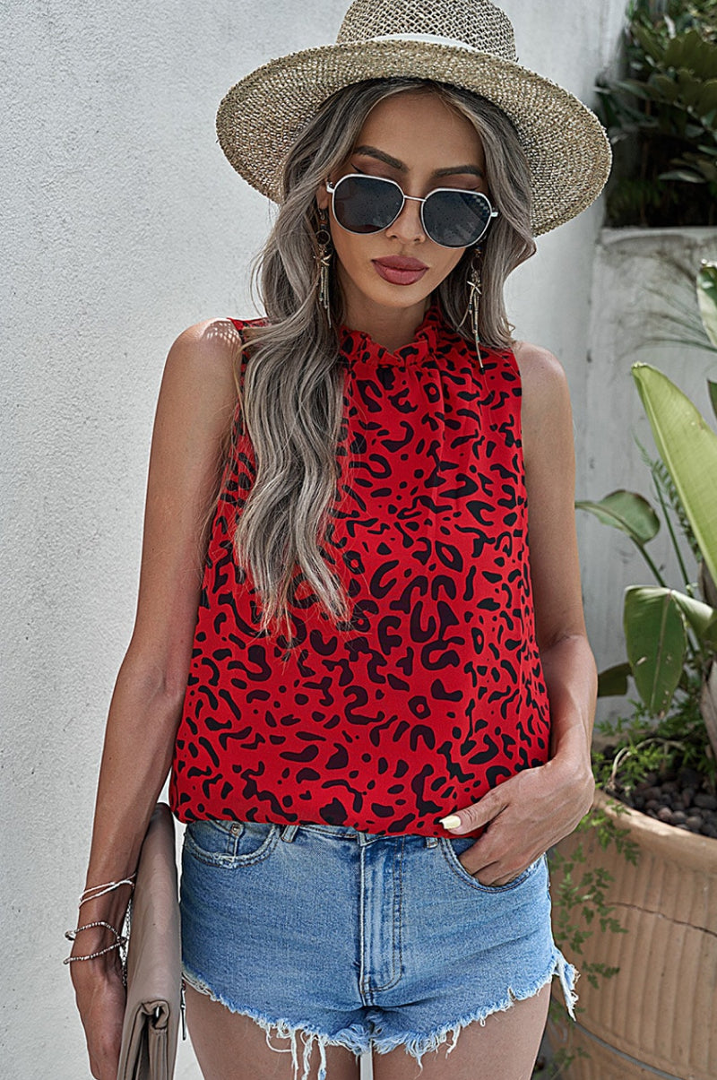 swvws Leopard Print Ruffled Neck Tank Top