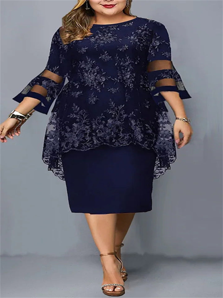 swvws Women's Plus Size Curve Party Dress Print Crew Neck Print 3/4 Length Sleeve Spring Fall Elegant Formal Midi Dress Party Cocktail Dress