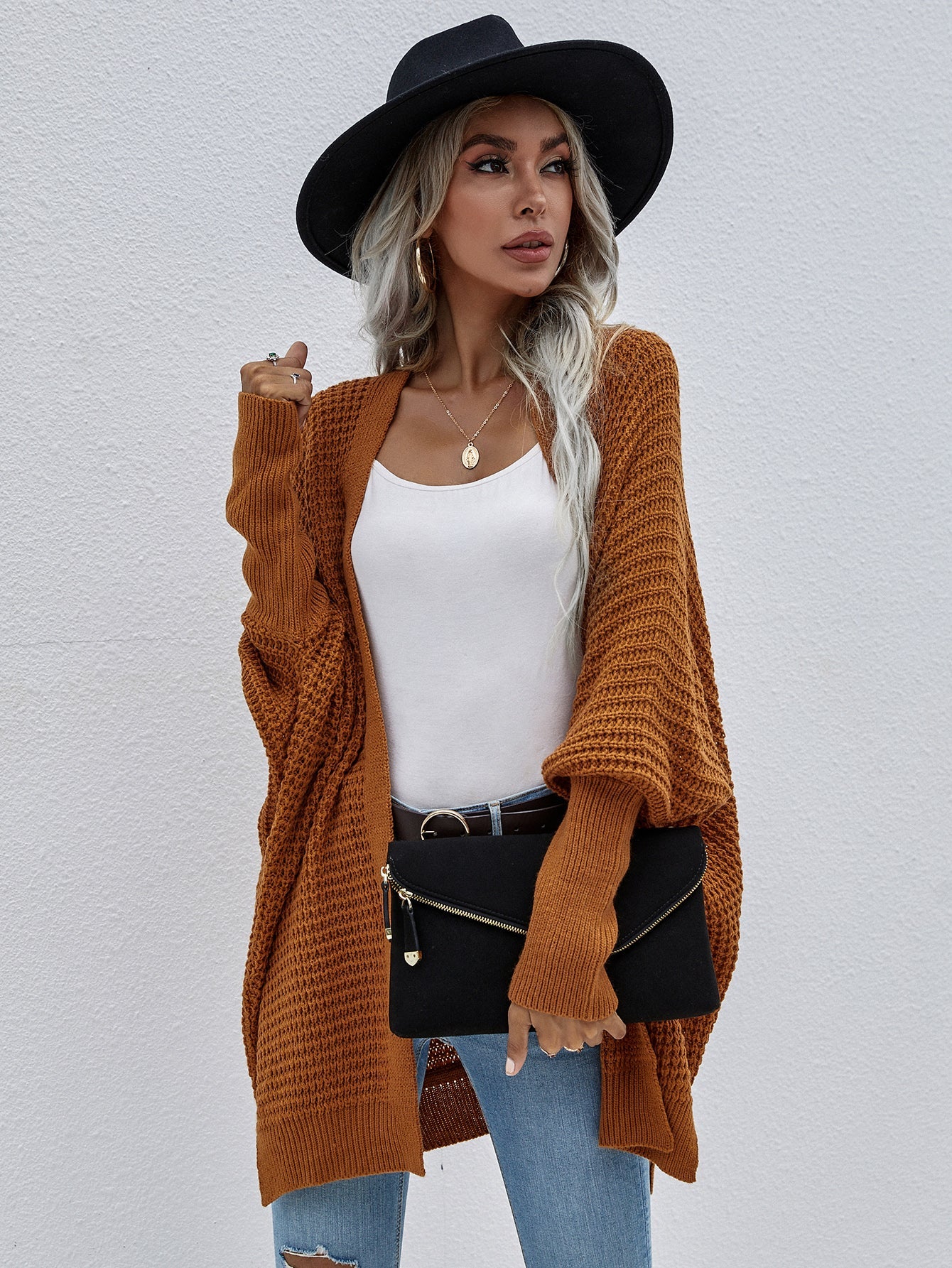 swvws Waffle Knit Open Front Cardigan