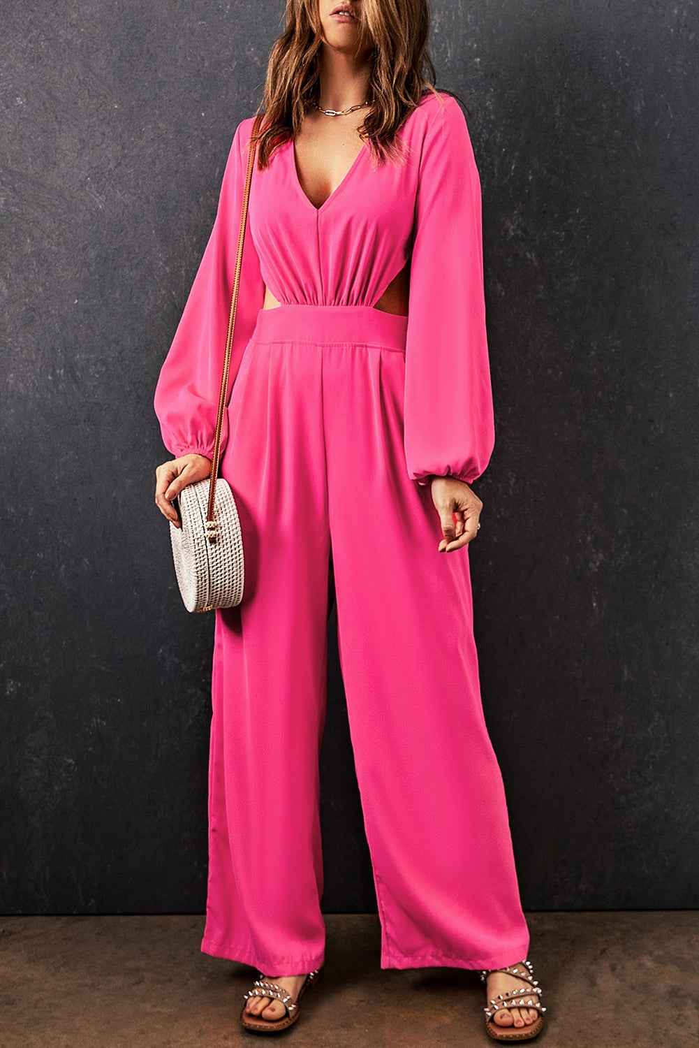 swvws Balloon Sleeve Cutout Plunge Jumpsuit