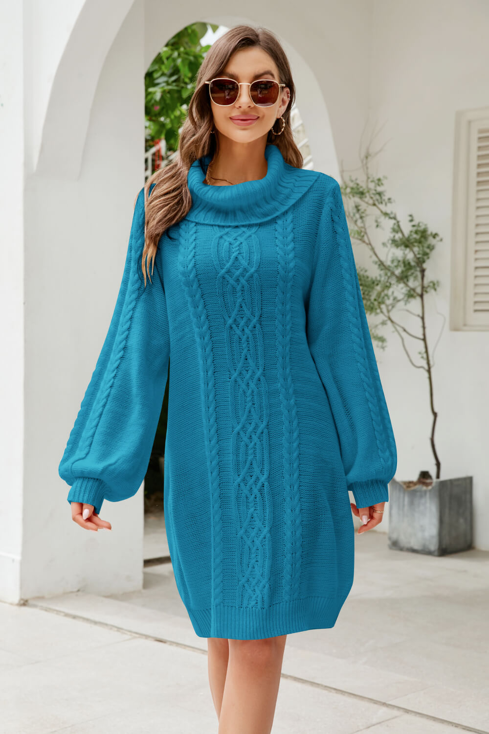 swvws Mixed Knit Turtleneck Lantern Sleeve Sweater Dress