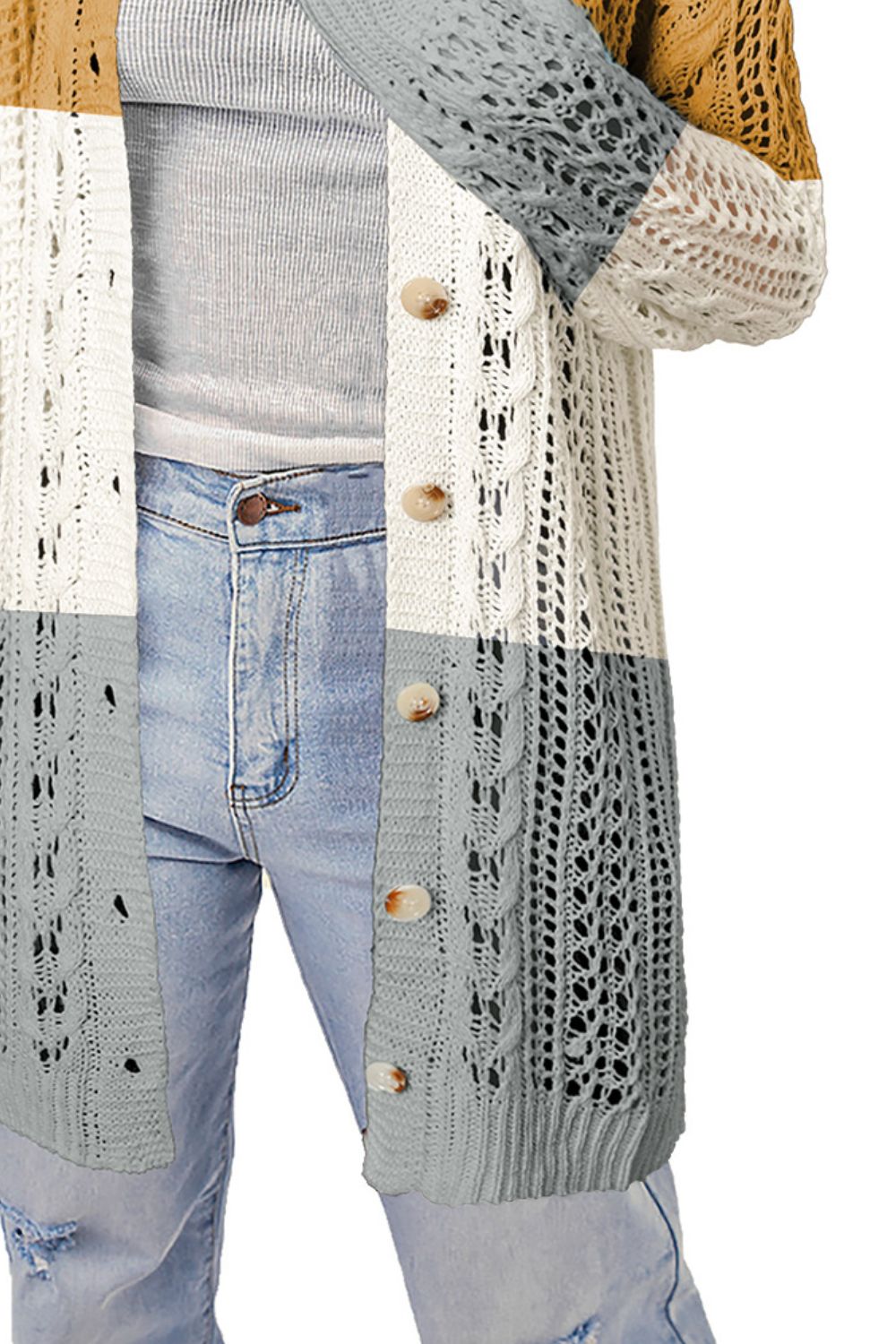 swvws Openwork Ribbed Cuff Longline Cardigan