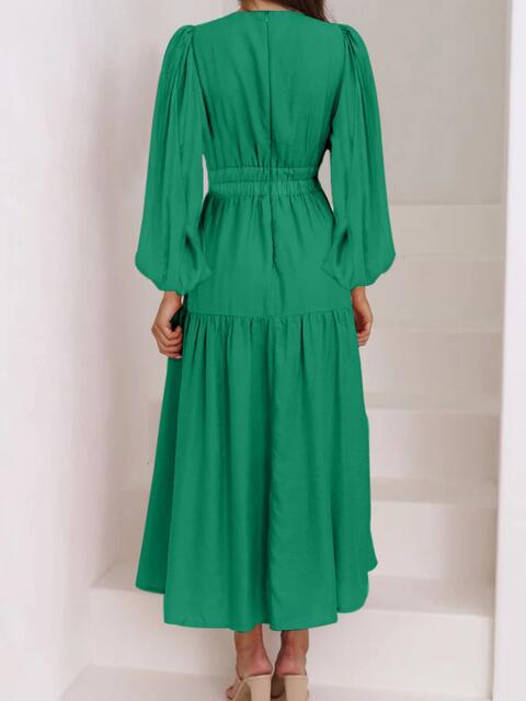 swvws Deep V-Neck Balloon Sleeve Plain Maxi Dress