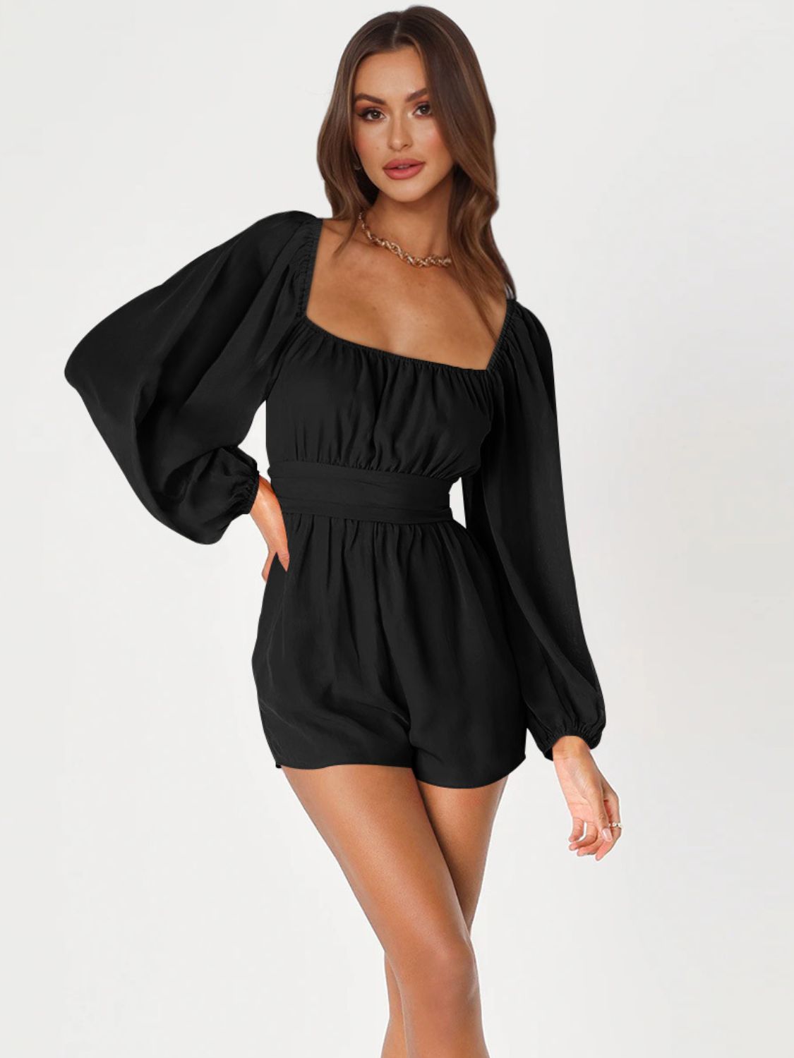 swvws Tie Back Smocked Balloon Sleeve Romper