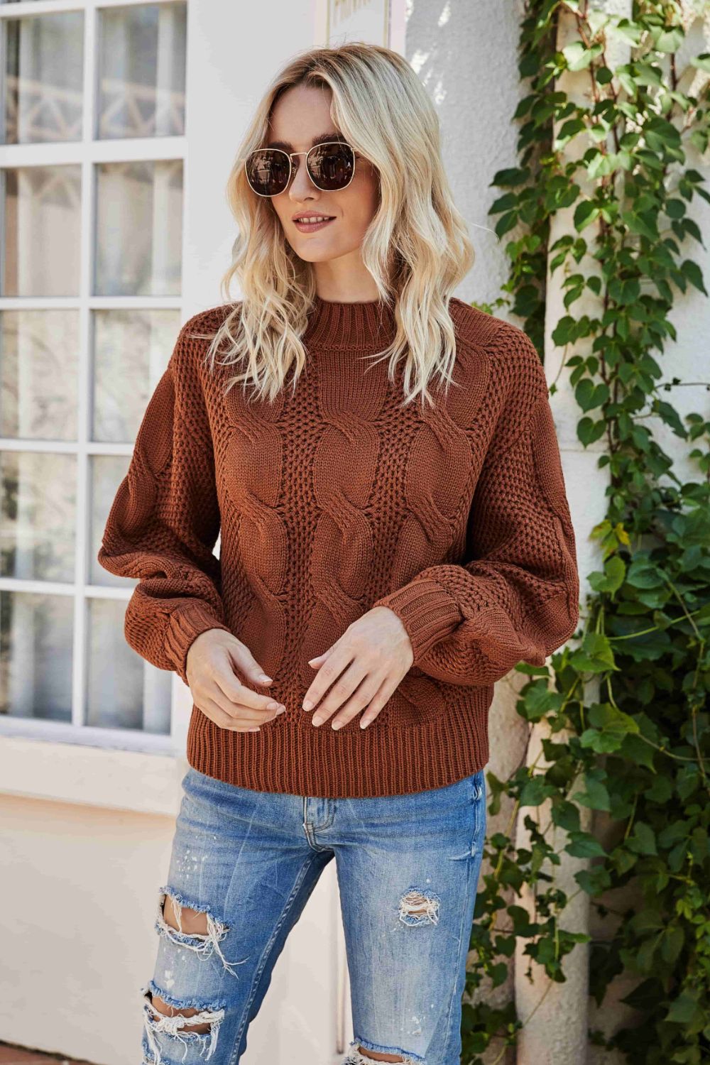 swvws Mixed Knit Crewneck Drop Shoulder Sweater