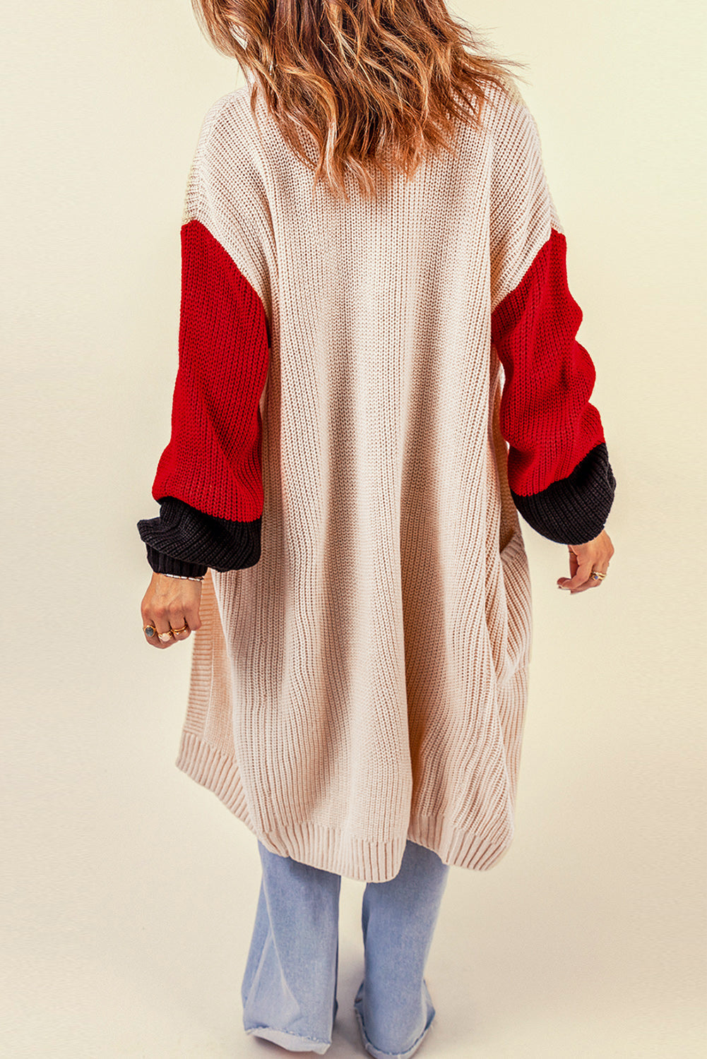 swvws Color Block Rib-Knit Longline Cardigan with Front Pockets