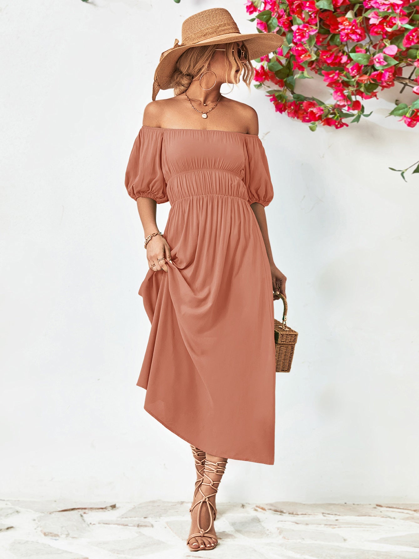 swvws Off-Shoulder Balloon Sleeve Midi Dress