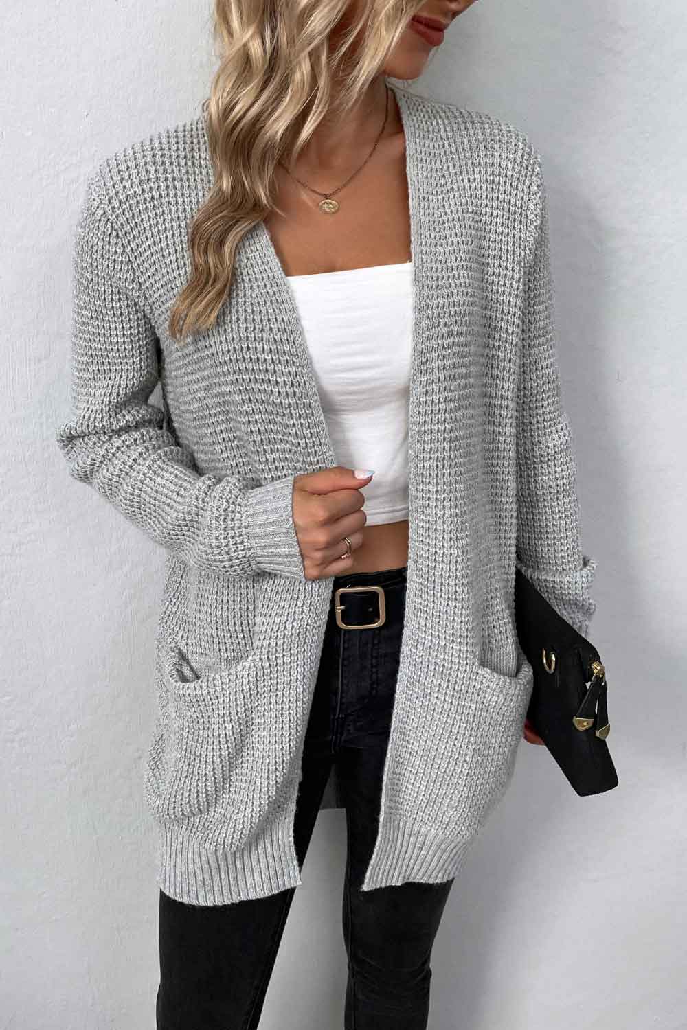 swvws Rib-Knit Open Front Pocketed Cardigan