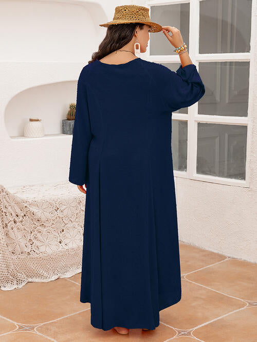 swvws Plus Size Tie Neck Long Sleeve Slit Dress