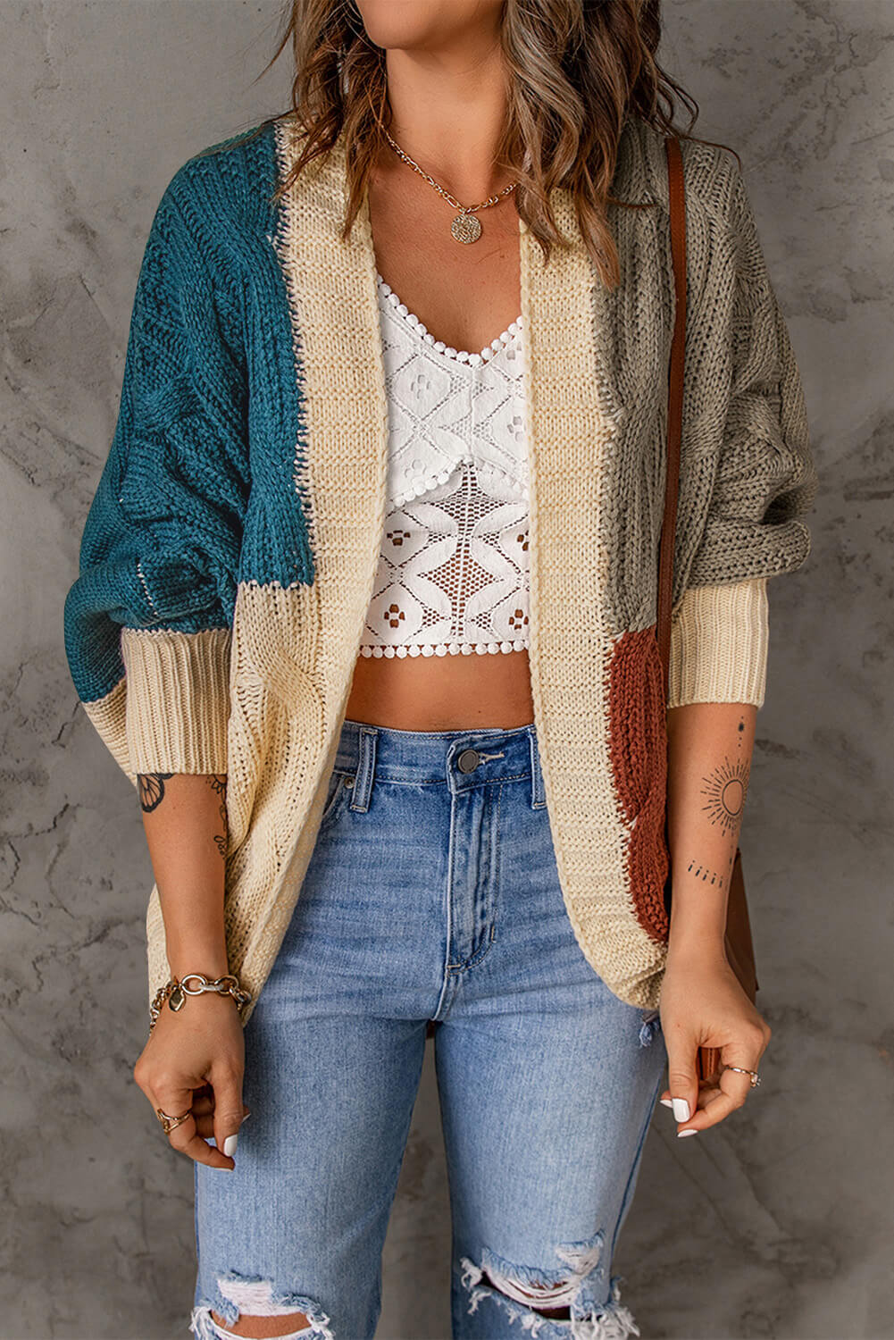 swvws Color Block Cable-Knit Batwing Sleeve Cardigan