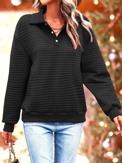 swvws Waffle-Knit Collared Neck Long Sleeve Sweatshirt