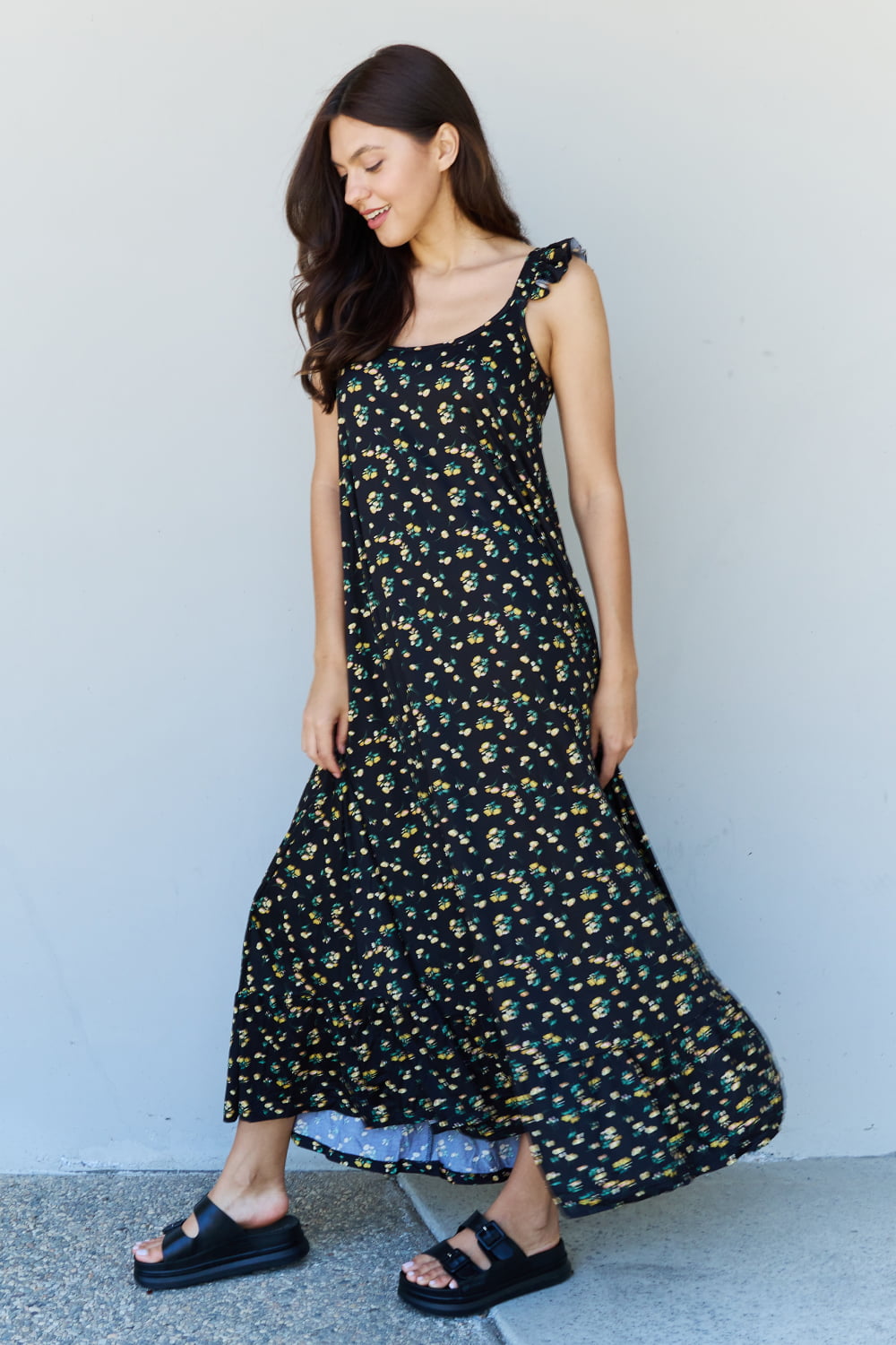 swvws Doublju In The Garden Ruffle Floral Maxi Dress in  Black Yellow Floral