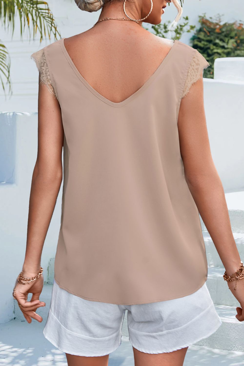 swvws Lace Detail Eyelash Trim V-Neck Tank