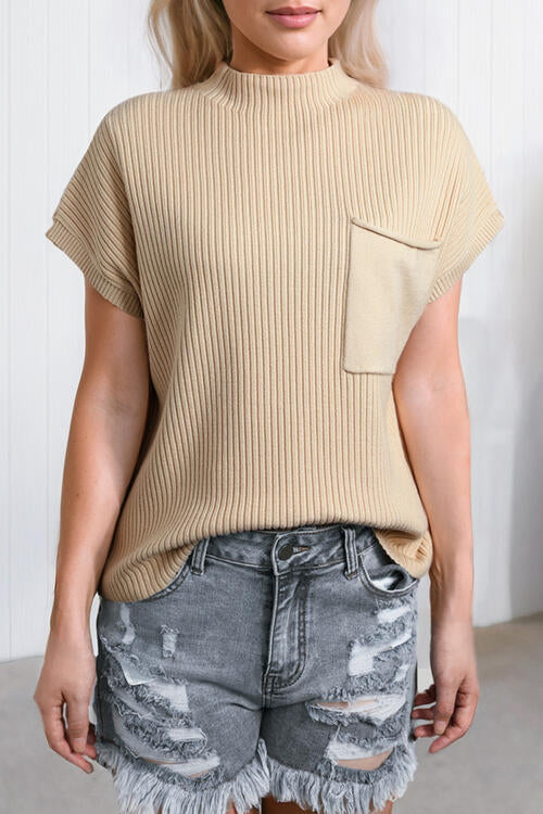 swvws Ribbed Mock Neck Short Sleeve Knit Top