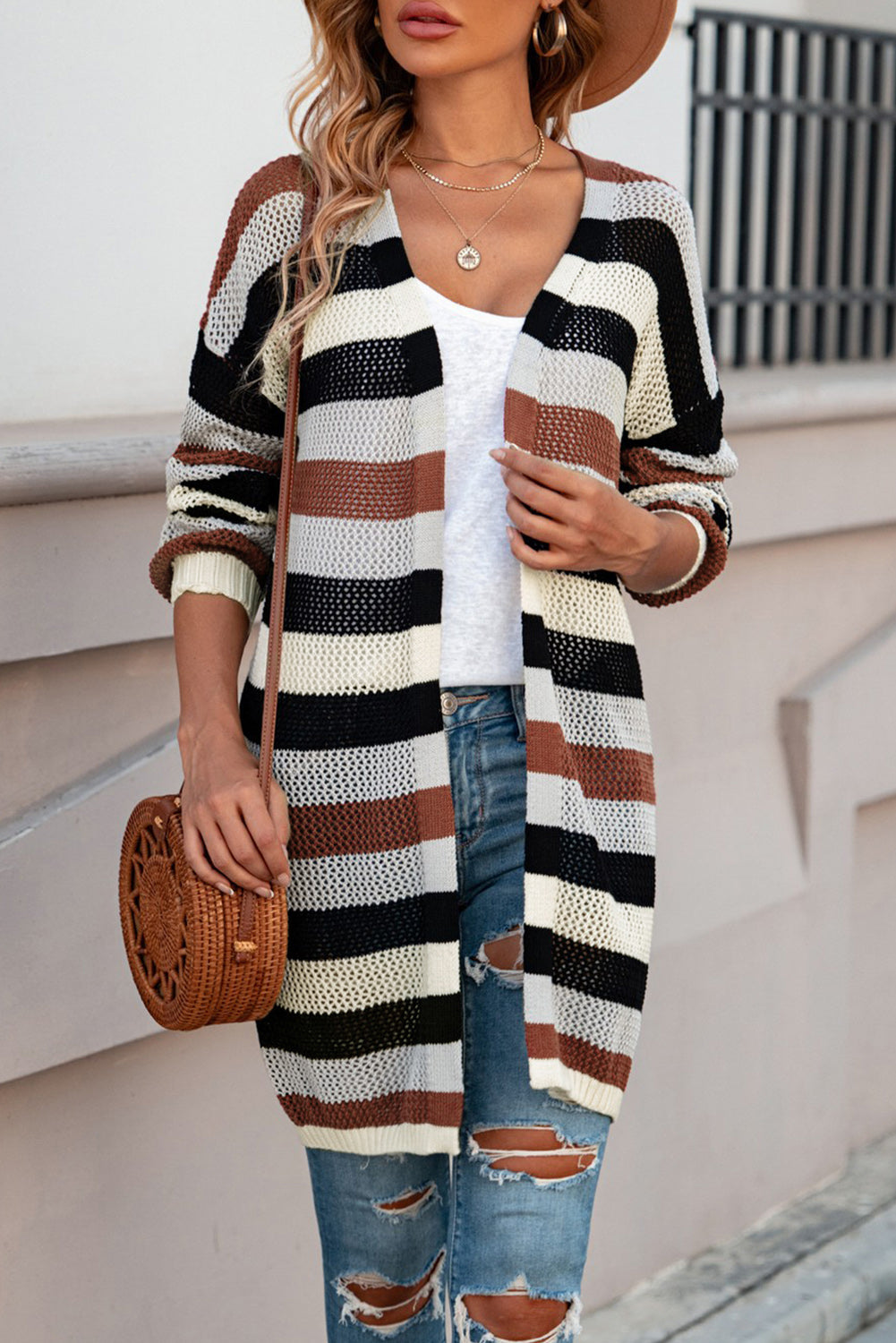 swvws Full Size Striped Long Sleeve Openwork Cardigan