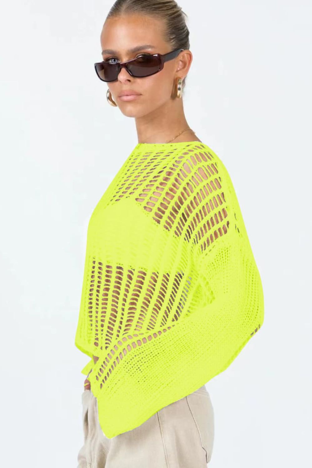 swvws Openwork Boat Neck Long Sleeve Cover Up