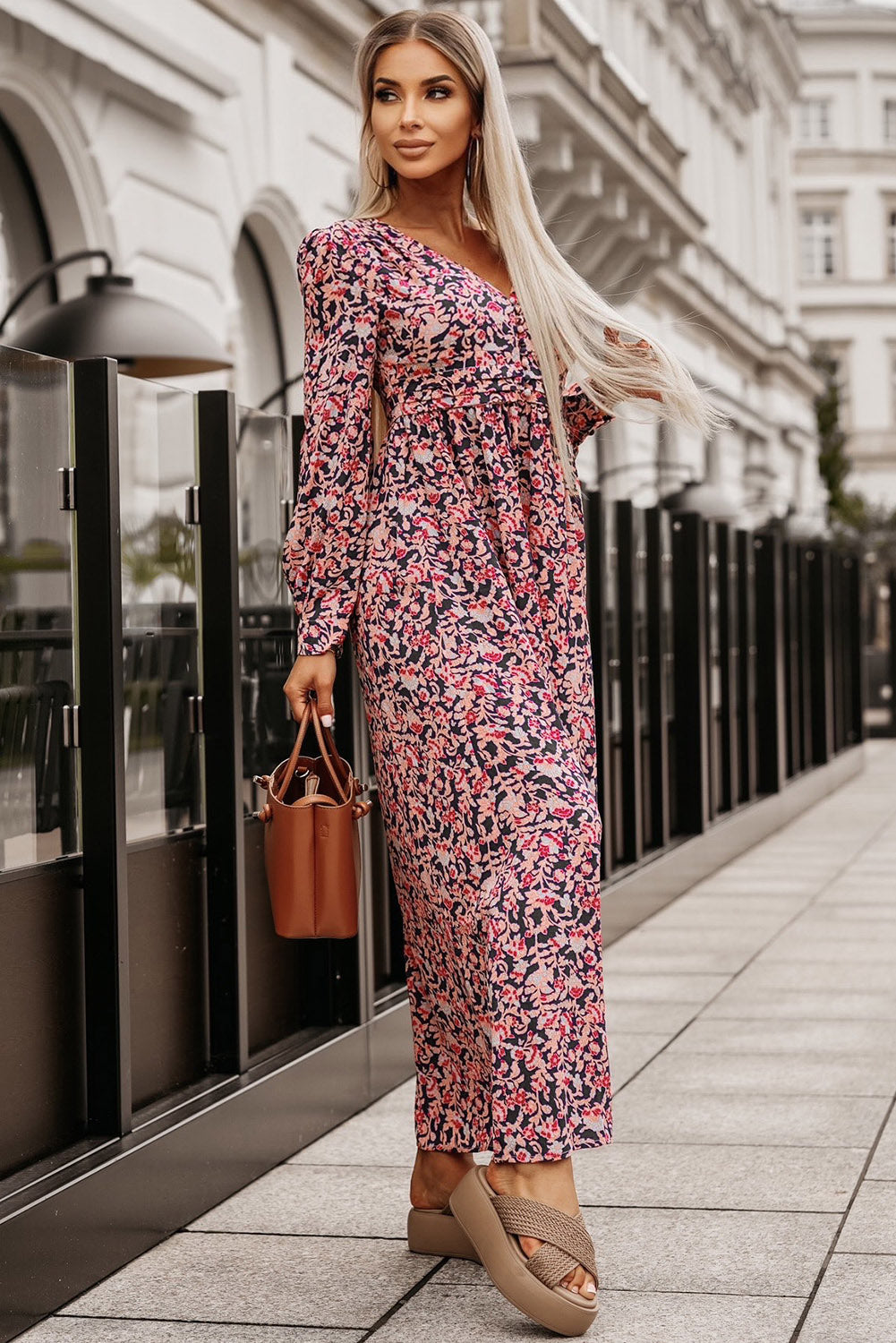 swvws Printed V-Neck Long Sleeve Maxi Dress