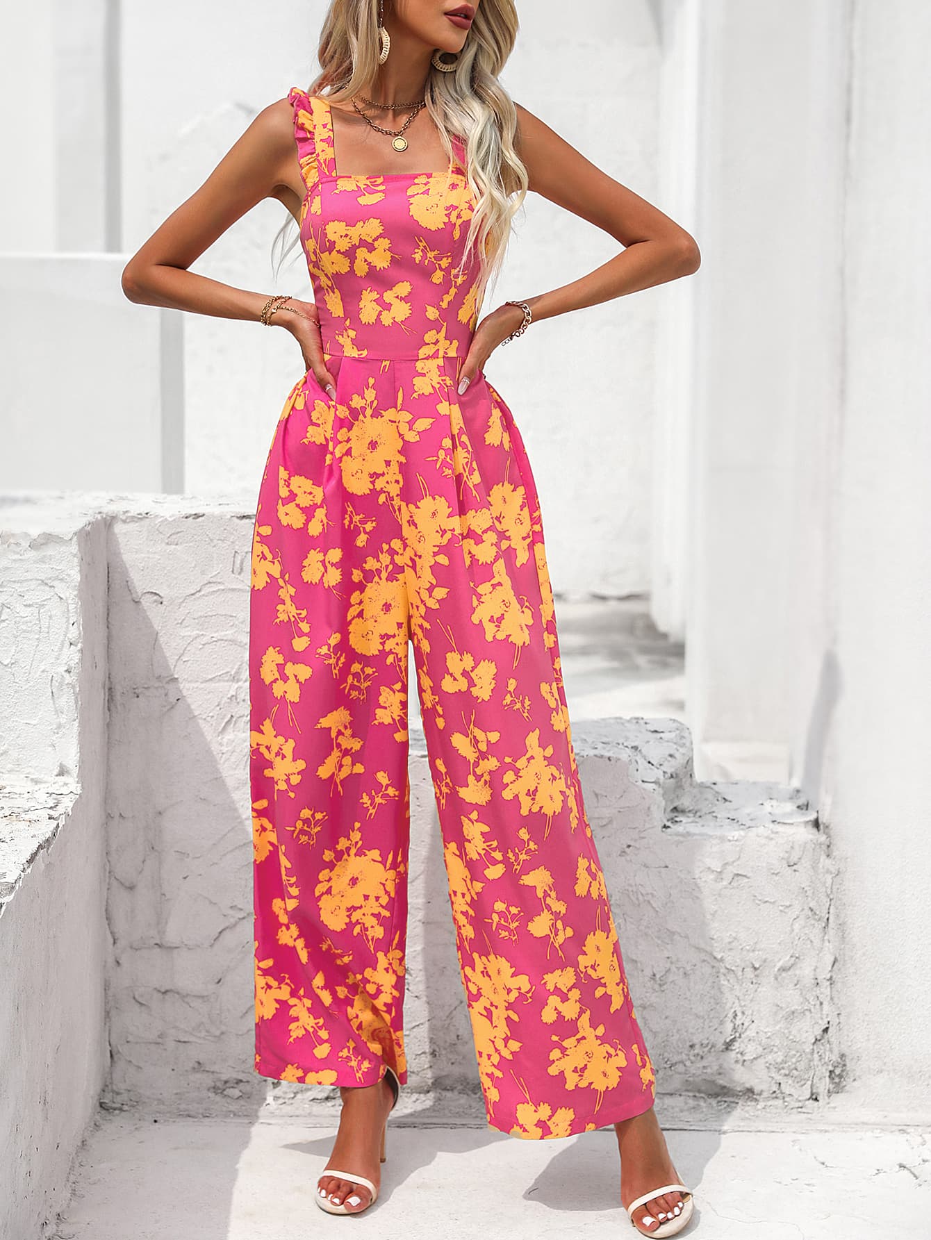 swvws Floral Square Neck Cutout Tie Back Jumpsuit