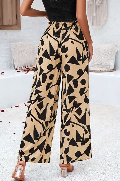 swvws Smocked Printed Wide Leg Pants with Pockets