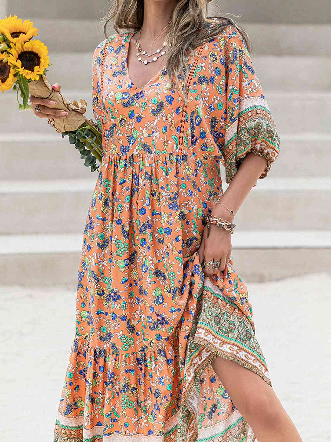 swvws Printed V-Neck Short Sleeve Maxi Dress