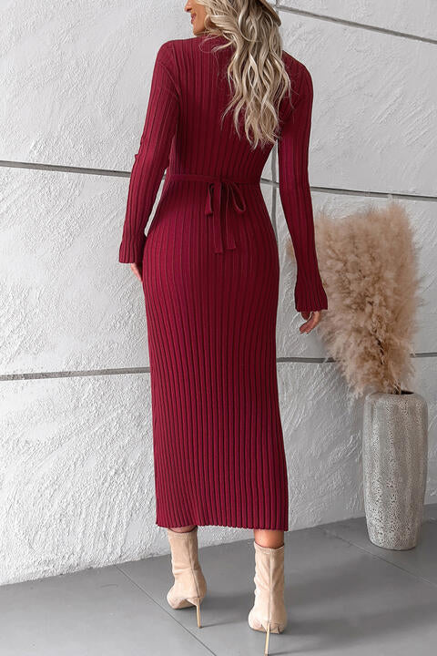 swvws V-Neck Long Sleeve Ribbed Sweater Dress