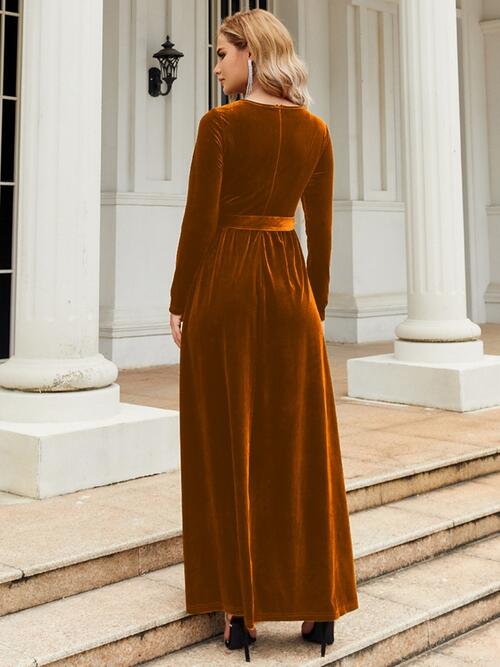 swvws Tie Front Round Neck Long Sleeve Maxi Dress