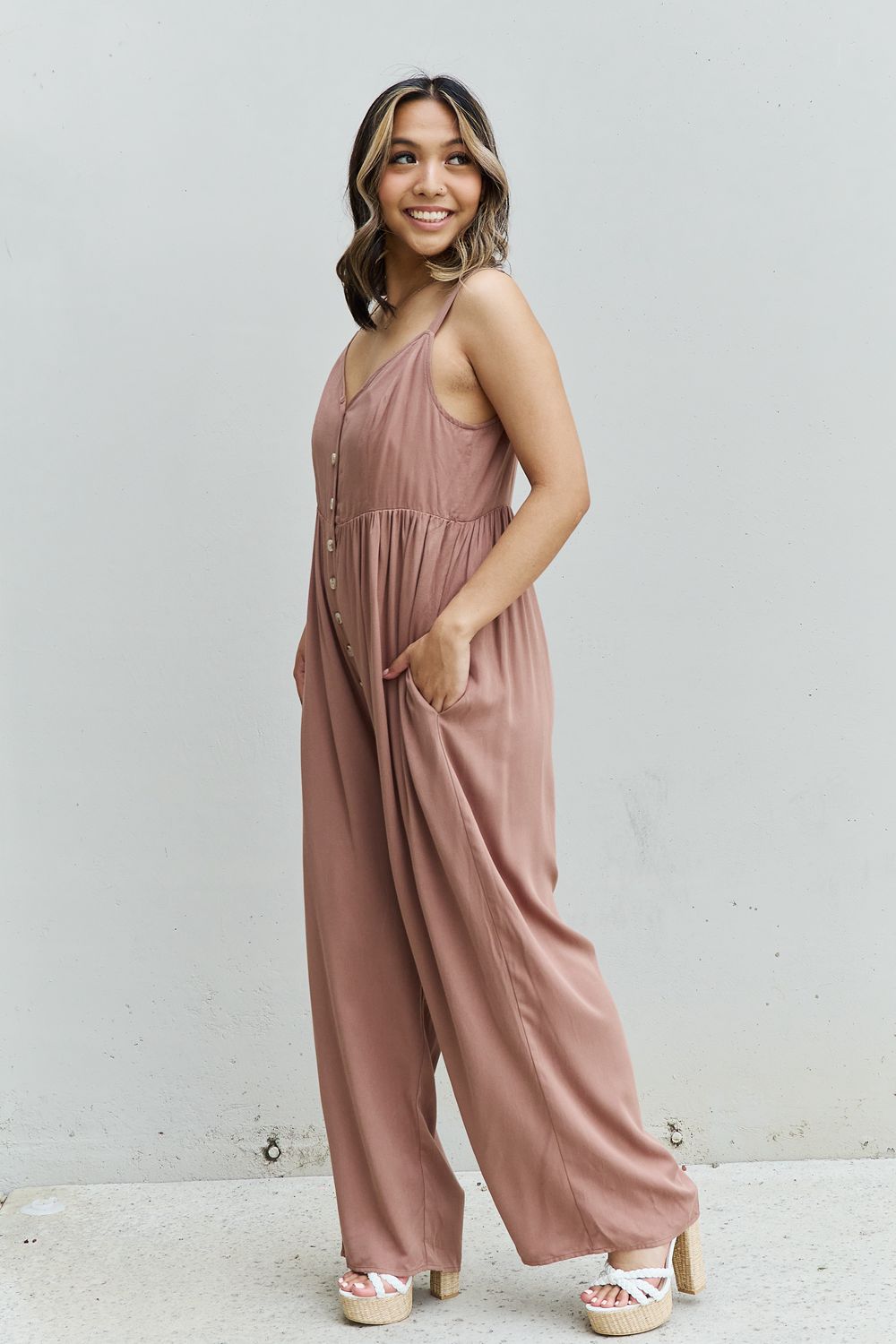 swvws HEYSON All Day Full Size Wide Leg Button Down Jumpsuit in Mocha