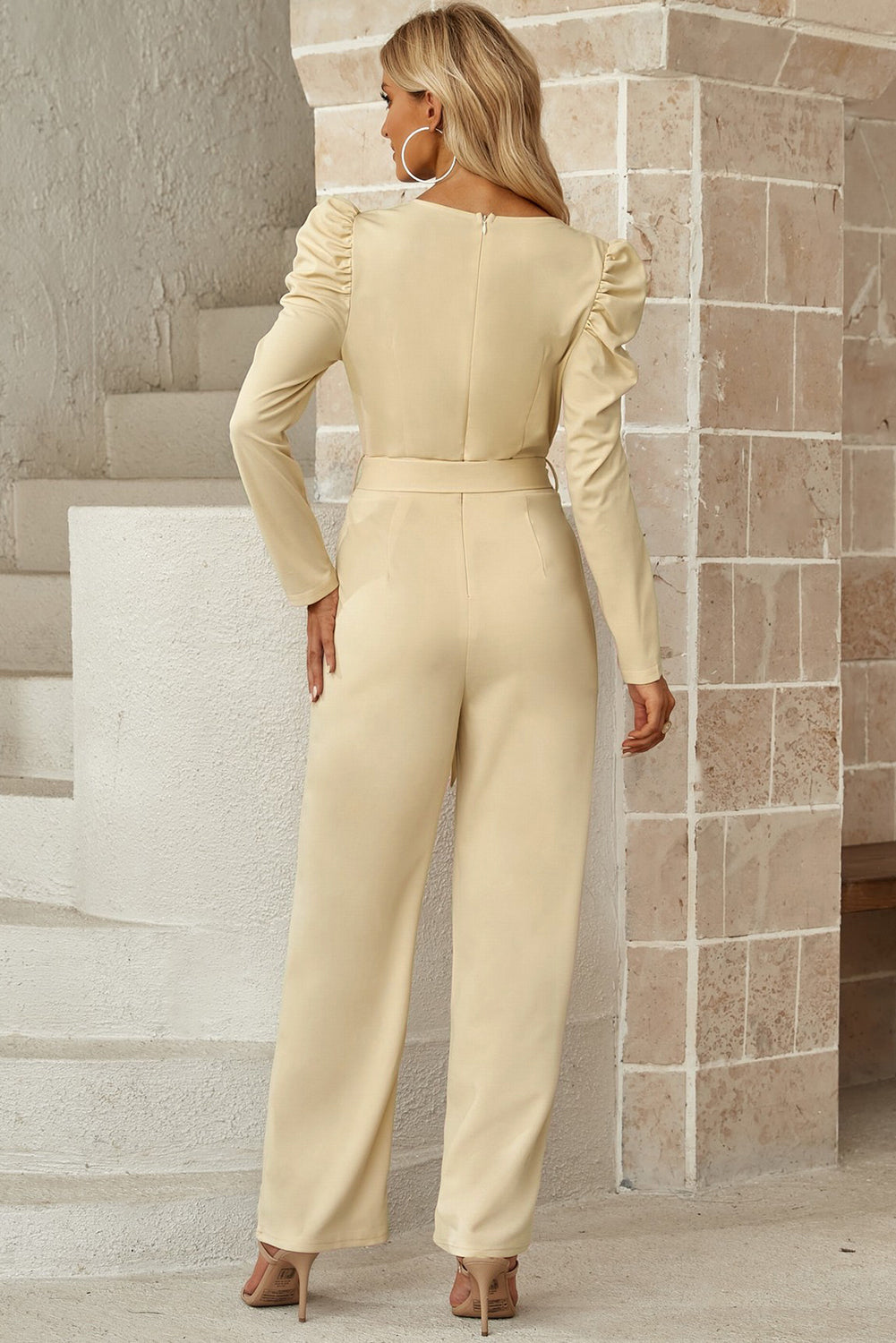 swvws Belted Long Puff Sleeve V-Neck Jumpsuit