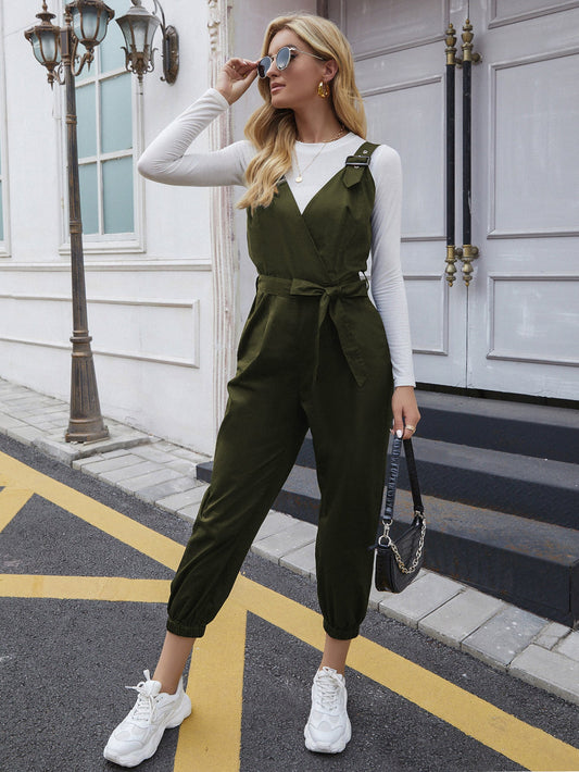 swvws Tie Waist Surplice Neck Overall Jumpsuit