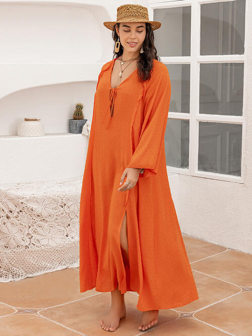 swvws Plus Size Tie Neck Long Sleeve Slit Dress