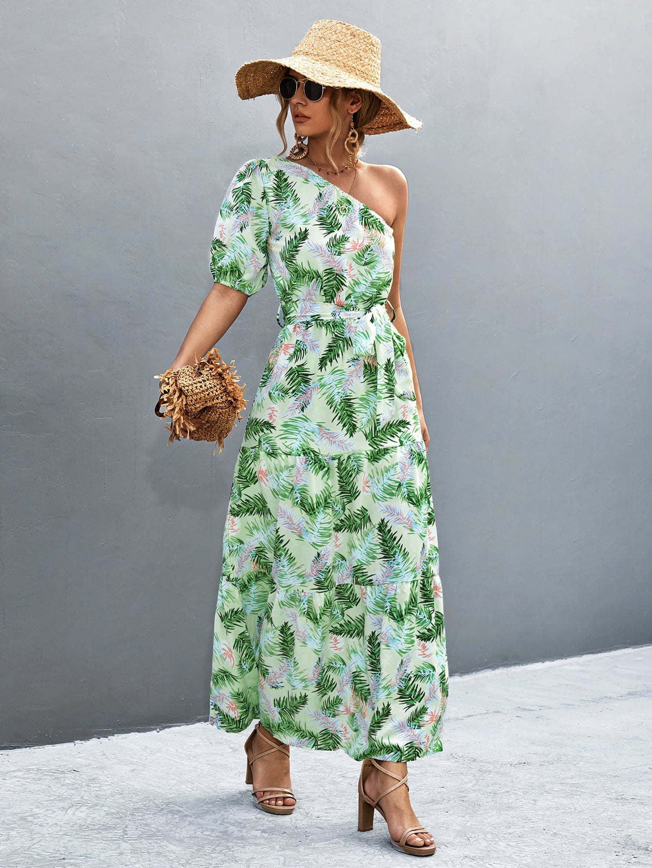 swvws Printed Tie Waist One Shoulder Maxi Dress