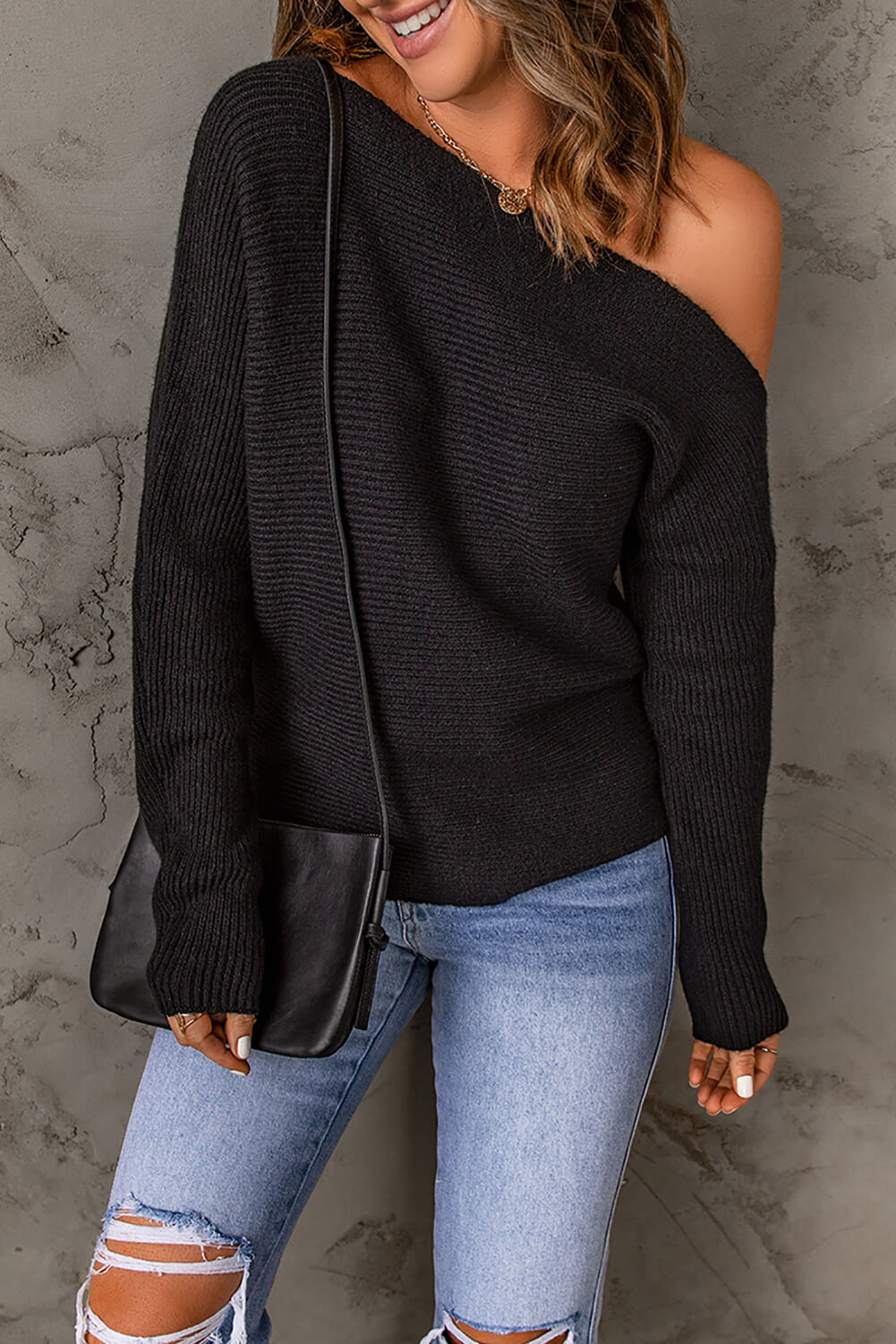 swvws Horizontal Ribbing One-Shoulder Sweater