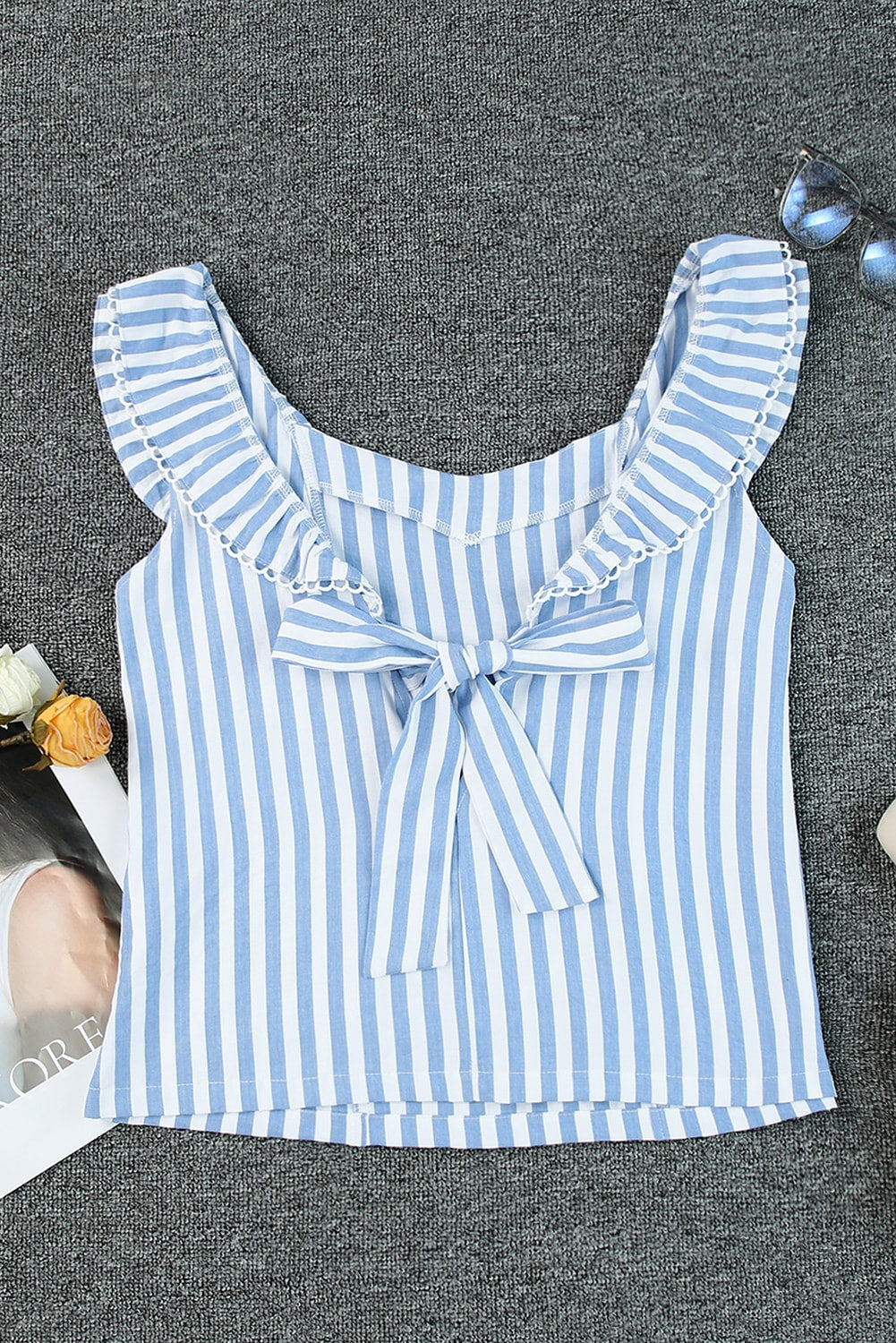 swvws Striped Tie Back Ruffled Tank