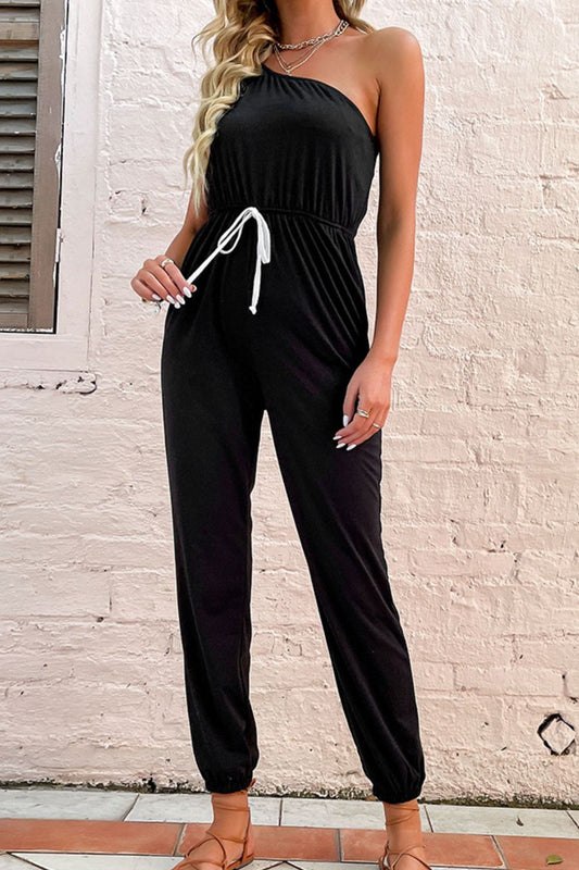 swvws One-Shoulder Drawstring Waist Jogger Jumpsuit