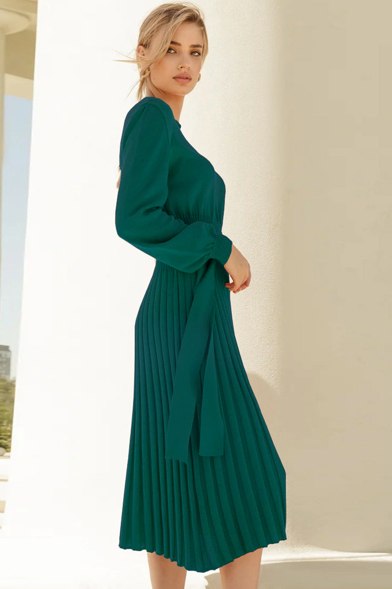 swvws Round Neck Long Sleeve Pleated Sweater Dress